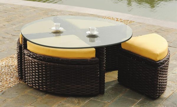 South Sea Rattan St. Tropez Round Sushi Table with Ottomans For Sale